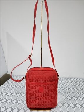 Fendi Vintage Zucchino Zucca Pattern Logo Crossbody Bag Red